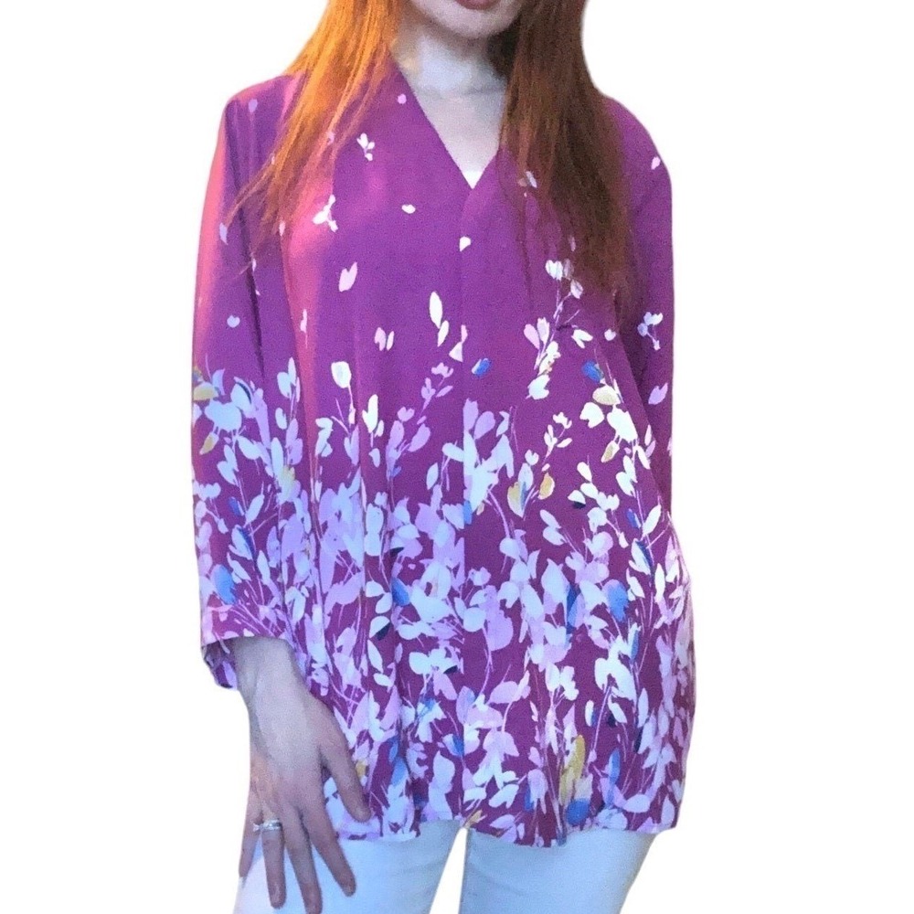 Floral Button Up Blouse Magenta Career Office Work Casual Top Plus 2X NWT